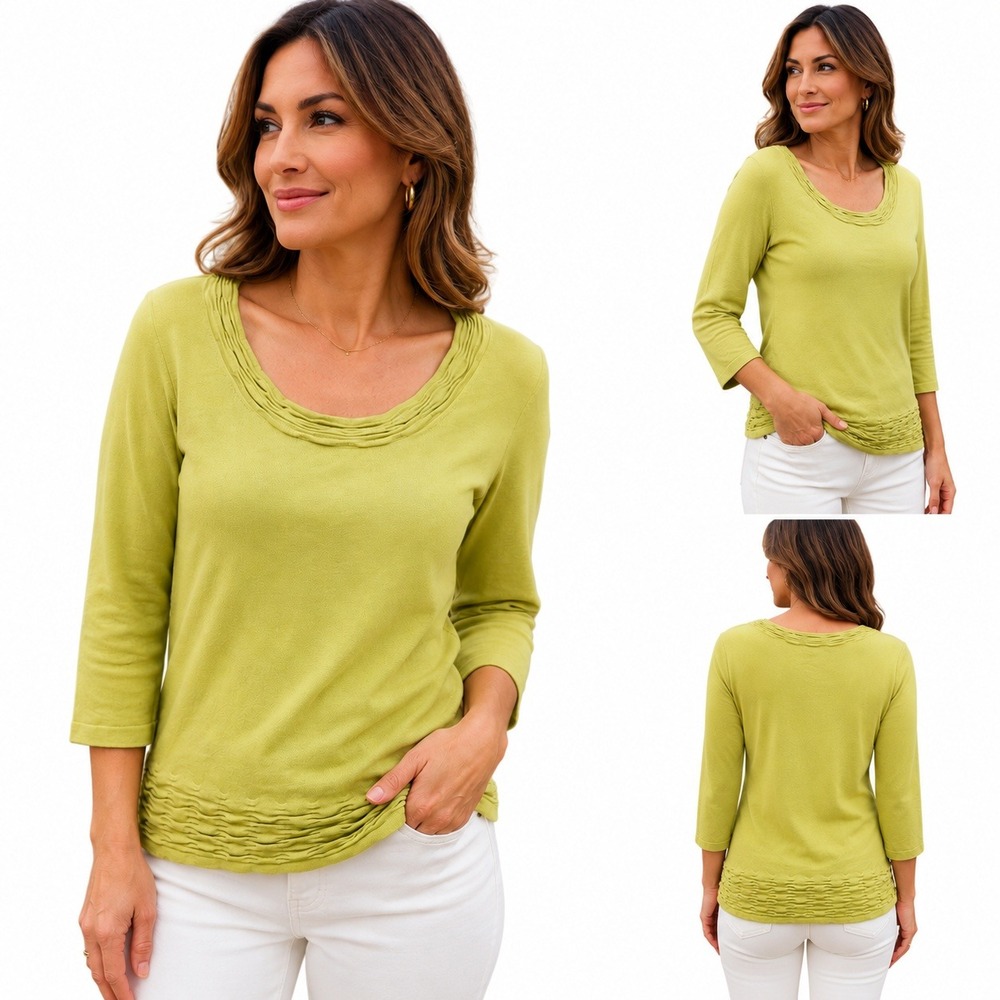 Lafayette 148 New York NWT Womens Chartreuse Green Ruched Scoop Neck Knit Top M
